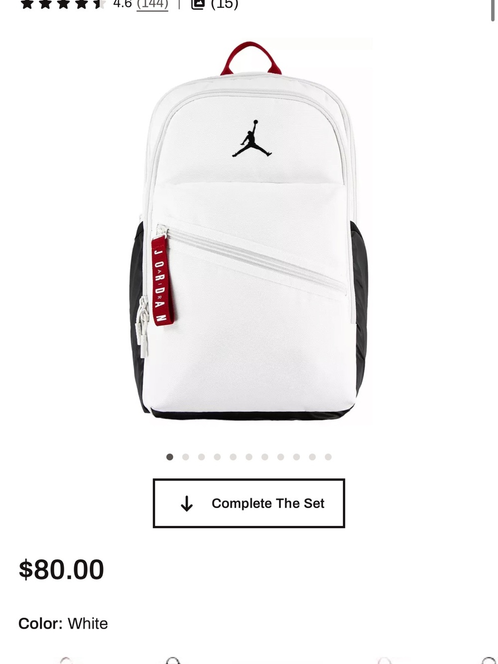 Jordan White Backpack with Black Panels and Red Pull Tab